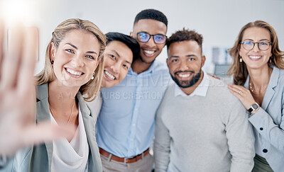 Buy stock photo Office selfie, diversity and portrait of business people with photo memory of teamwork, collaboration and solidarity. Company workplace group, community and corporate team happy for startup success