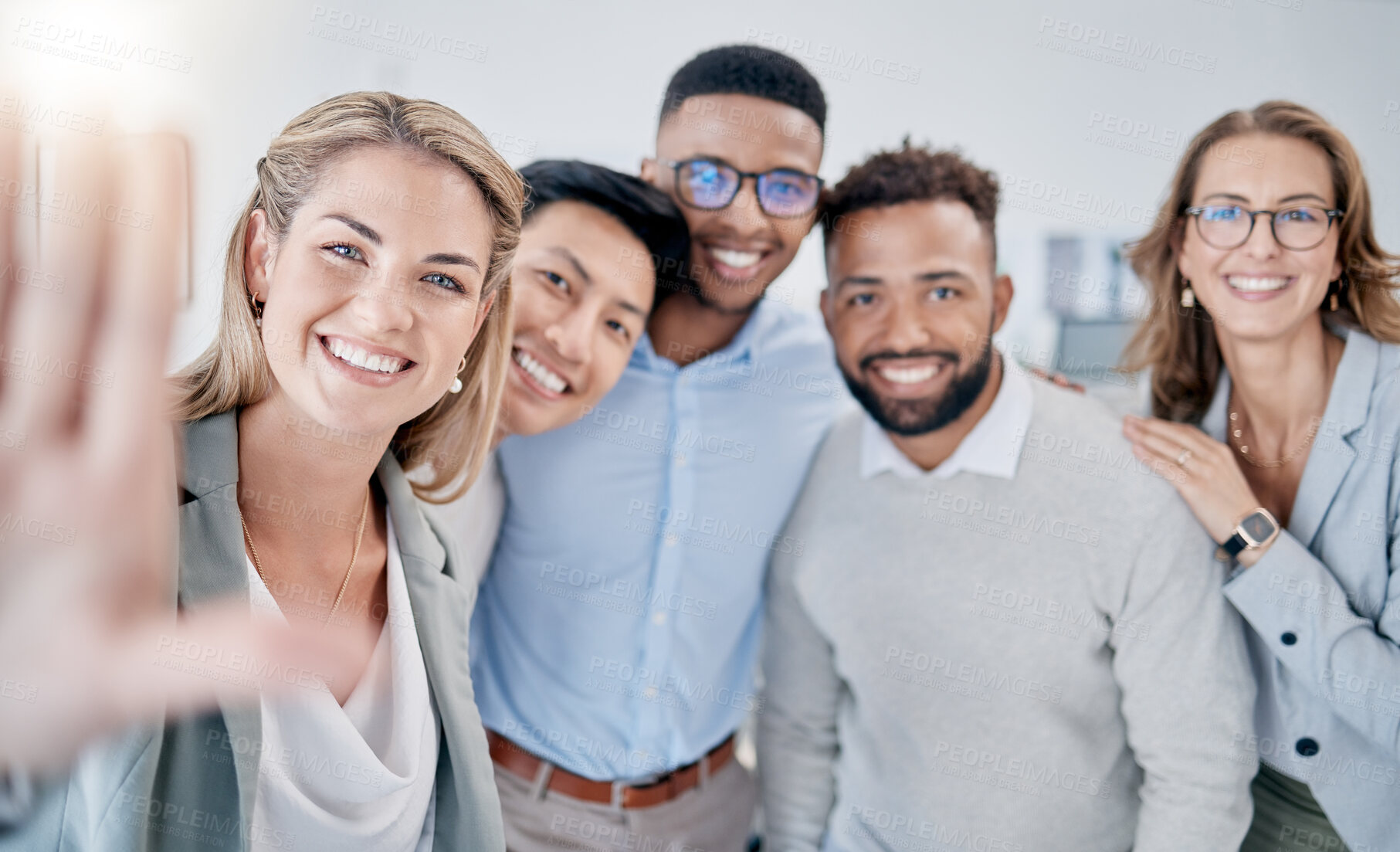 Buy stock photo Office selfie, diversity and portrait of business people with photo memory of teamwork, collaboration and solidarity. Company workplace group, community and corporate team happy for startup success
