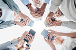 Phone in hands, technology and business people with collaboration and communication in team for company. Chat, internet and community diversity, smartphone and networking, typing in teamwork circle