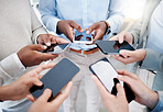 Smartphone in hands, technology and business people with collaboration and communication in team for company. Chat, internet and solidarity with community, mockup and networking, teamwork with phone