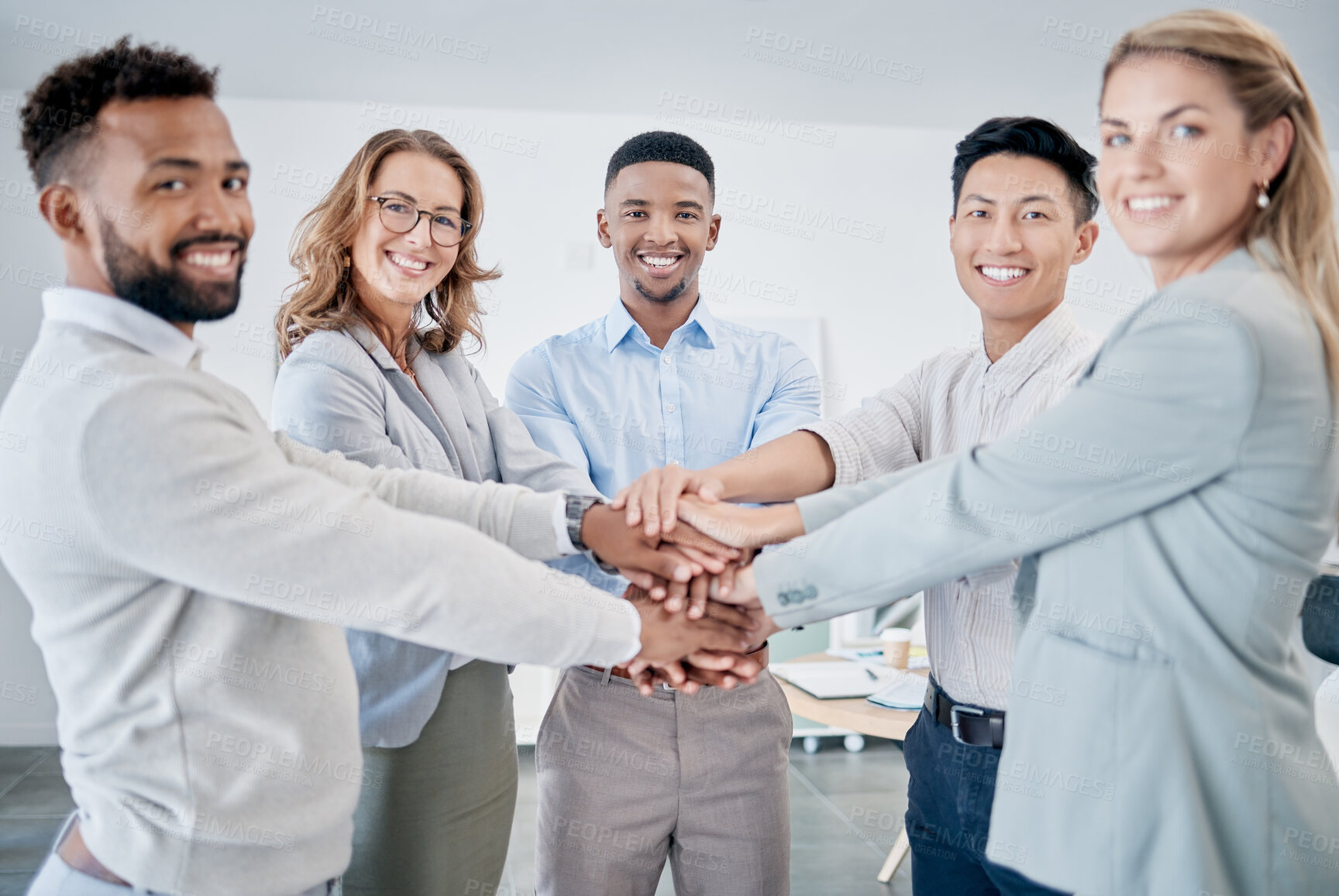 Buy stock photo Portrait, stack of hands and business people in celebration of success, achievement or goal. Happy, diversity and corporate team with smile to celebrate successful collaboration or teamwork in office