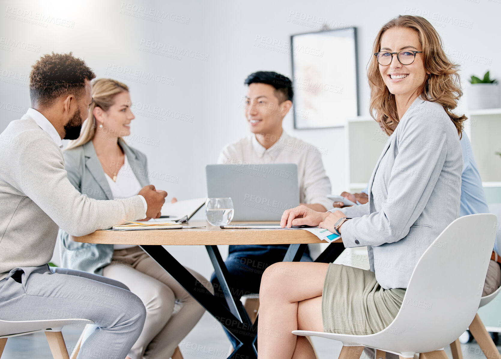 Buy stock photo Meeting, planning and collaboration with a business woman in the boardroom with her team for strategy. Manager, workshop and teamwork with a female leader training her staff during an office seminar