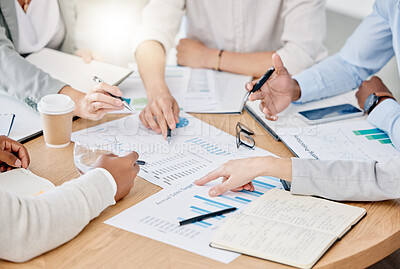 Buy stock photo Closeup, business people and team brainstorming, meeting and charts for feedback, financial growth and notes. Zoom, staff and group project for budget report, finance and collaboration for accounting