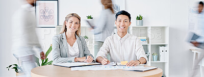 Buy stock photo Planning, teamwork and people in busy office portrait for startup management, meeting or collaboration. Business  vision, job workflow and manager, boss or diversity partner working in fast workplace
