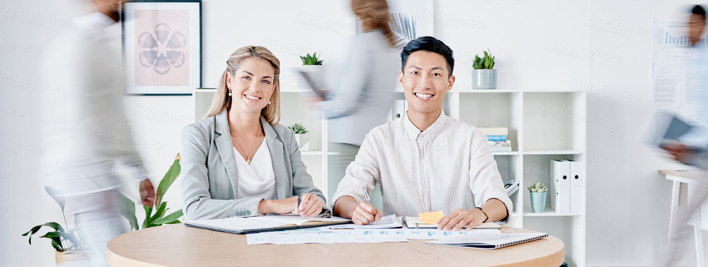 Buy stock photo Planning, teamwork and people in busy office portrait for startup management, meeting or collaboration. Business  vision, job workflow and manager, boss or diversity partner working in fast workplace