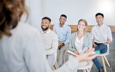 Buy stock photo Business people, diversity and speaker presentation meeting, manager speech or ceo with investment proposal. Workshop, communication and finance mentor coaching, teaching or training happy sales team