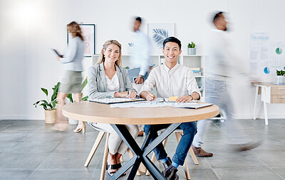 Buy stock photo Planning, strategy and teamwork people in busy office portrait for startup, meeting and collaboration. Business vision, job workflow and manager, boss or diversity clients working in fast workplace