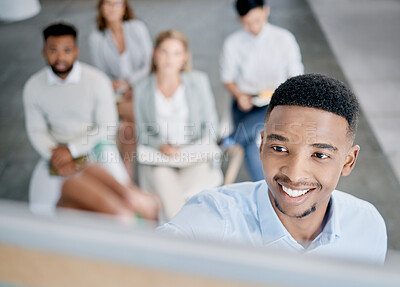 Buy stock photo Face, meeting and presentation with a business black man writing on a whiteboard while coaching his team. Training, growth and planning with a male employee giving a learning workshop for development