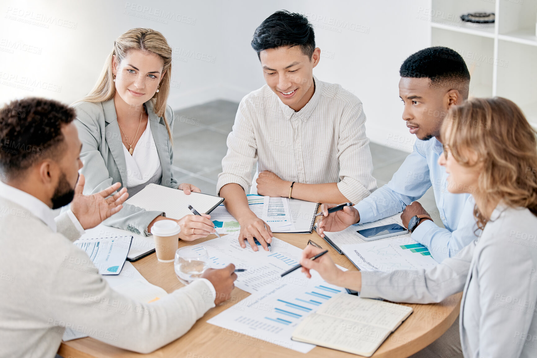 Buy stock photo Meeting, collaboration and finance with a business team planning for the future growth of their investment. Planning, documents and teamwork with a man and woman accounting group in the office