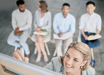 Buy stock photo Presentation, training and woman writing on board in a meeting for planning, coaching and strategy. Happy, executive and face of a manager teaching employees, giving help and leadership in a workshop