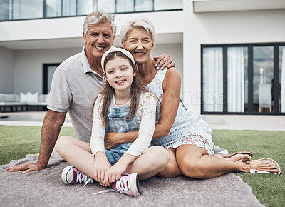 Buy stock photo Smile, garden and portrait of girl with grandparents enjoying weekend, holiday and quality time together. Love, family and happy child, grandmother and grandfather relax, bonding and hug outdoors