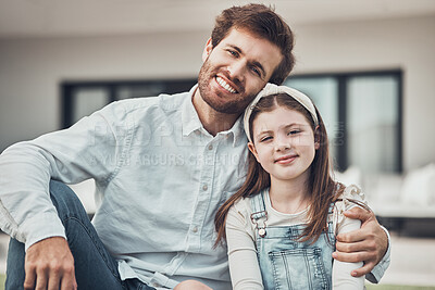 Buy stock photo Father, child and portrait smile for family time, relationship or quality bonding together outside a house. Happy dad holding daughter smiling in happiness for home, care or childhood in the outdoors