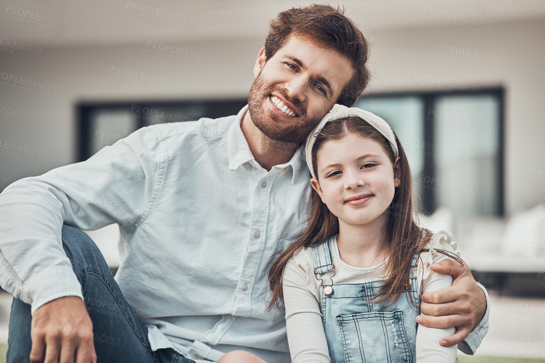 Buy stock photo Father, child and portrait smile for family time, relationship or quality bonding together outside a house. Happy dad holding daughter smiling in happiness for home, care or childhood in the outdoors