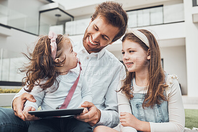 Buy stock photo Love, father and girls with tablet, outdoor and connection for social media, watching videos and bonding. Dad, daughters on grass and online for movies, loving together and search online for cartoons