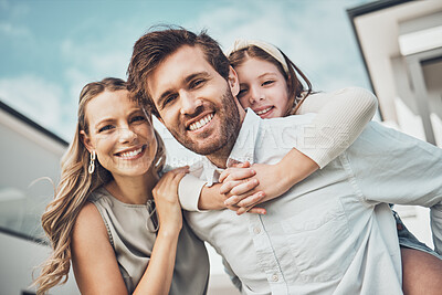 Buy stock photo Portrait, family and piggyback outdoor at new home, real estate loan and building mortgage together. Parents, kid and smile outside for property investment, moving house and security for happy future