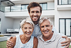 Family, happy portrait and new home for property real estate, happiness together and retirement lifestyle. Senior parents smile, son and hug for moving, homeowner and relax bonding for love outdoor