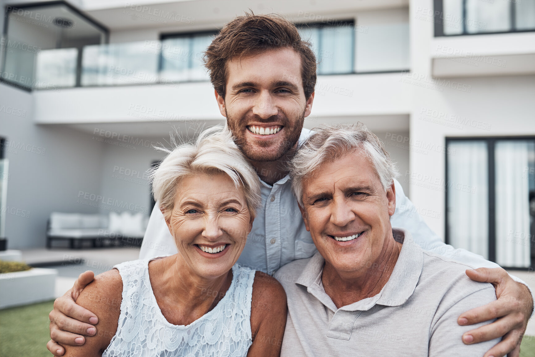 Buy stock photo Family, happy portrait and new home for property real estate, happiness together and retirement lifestyle. Senior parents smile, son and hug for moving, homeowner and relax bonding for love outdoor
