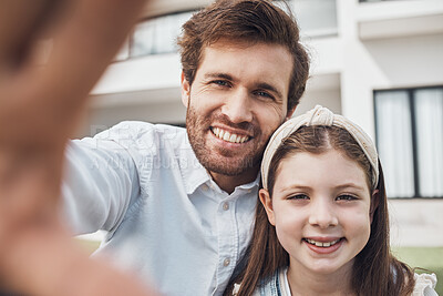 Buy stock photo Relax, father and child love taking a selfie as a happy family in summer holidays in a house or backyard. Smile, memory or young girl smiles in a picture with a single parent or dad while bonding 