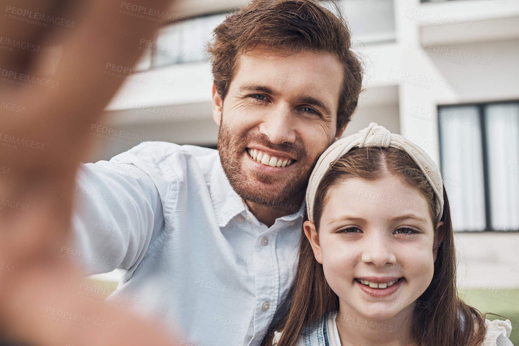Buy stock photo Relax, father and child love taking a selfie as a happy family in summer holidays in a house or backyard. Smile, memory or young girl smiles in a picture with a single parent or dad while bonding 