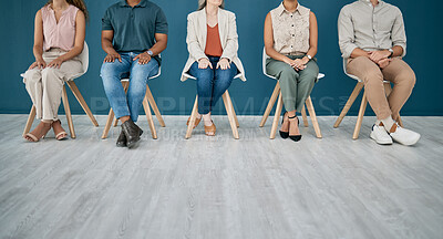 Buy stock photo Legs, hiring and people in a waiting room for job interview in office. Human resources, hr or group of employees, business men and women sitting in a row and wait for recruitment in company workplace