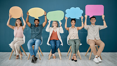 Buy stock photo Portrait, diversity and business people with speech bubble, communication and job interview. Mockup, multiracial and signs for opinion space, recruitment and creative employees with open discussion