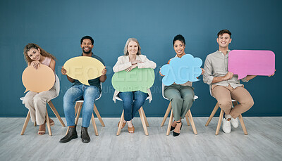 Buy stock photo Speech bubble, social media and business people in waiting room for recruitment or hr survey. Hiring, portrait and group of employees with chat sign for vote, feedback or opinion mock up in office.