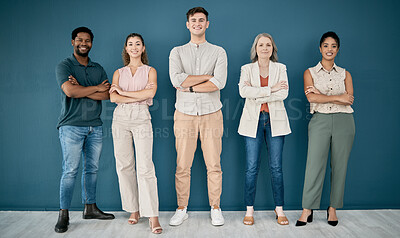 Buy stock photo Portrait, arms crossed and teamwork of business people in office ready for goals or targets. Group, collaboration and diversity of confident, happy or proud men and women standing together in company