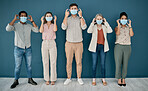 Covid, portrait and group of business people in office for health and safety. Teamwork, compliance and employees, men and women with face mask or ppe to stop corona virus for wellness in workplace.