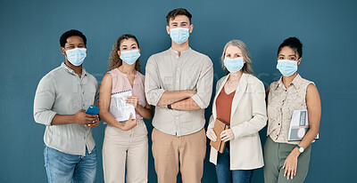 Buy stock photo Portrait, covid and leader with business people in office for health and safety. Leadership, compliance and group of employees, men and women with face mask or ppe to stop coronavirus for wellness.