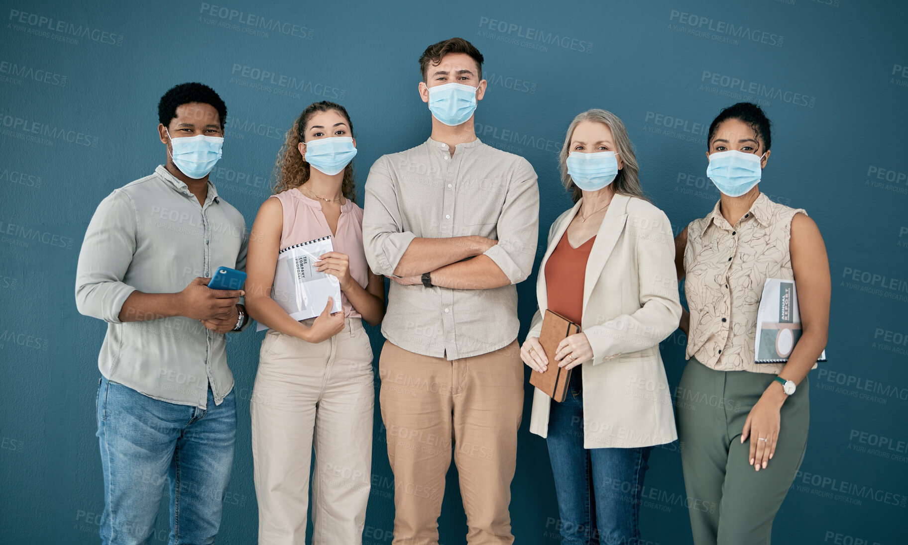 Buy stock photo Covid, portrait and leader with business people in office for health and safety. Leadership, compliance and group of employees, men and women with face mask or ppe to stop coronavirus for wellness.