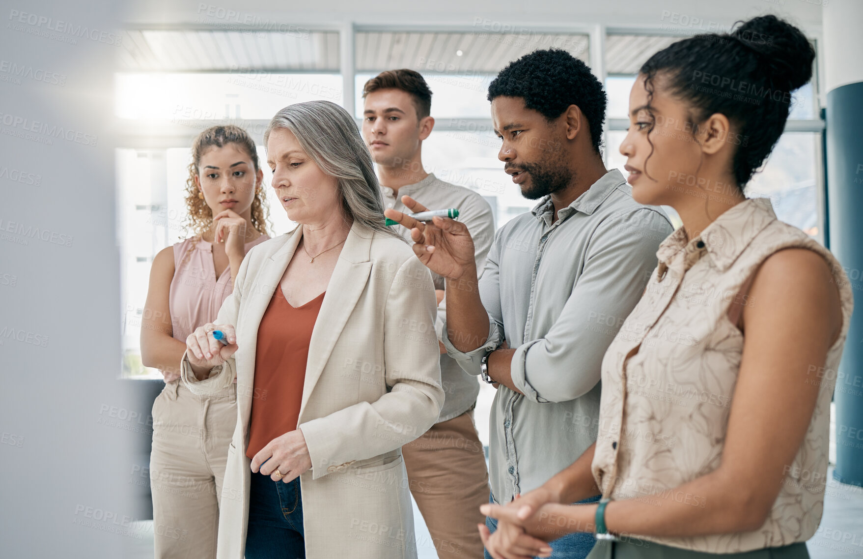 Buy stock photo Planning, strategy and business people writing on board for a team collaboration, brainstorming and idea. Meeting, goal and employees working on a solution, problem and discussion in a group