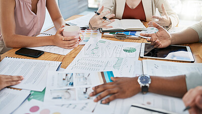 Buy stock photo Hands, finance and accounting with a business team planning in collaboration for growth in an office. Documents, data and teamwork with a man and woman employee group working on a financial budget
