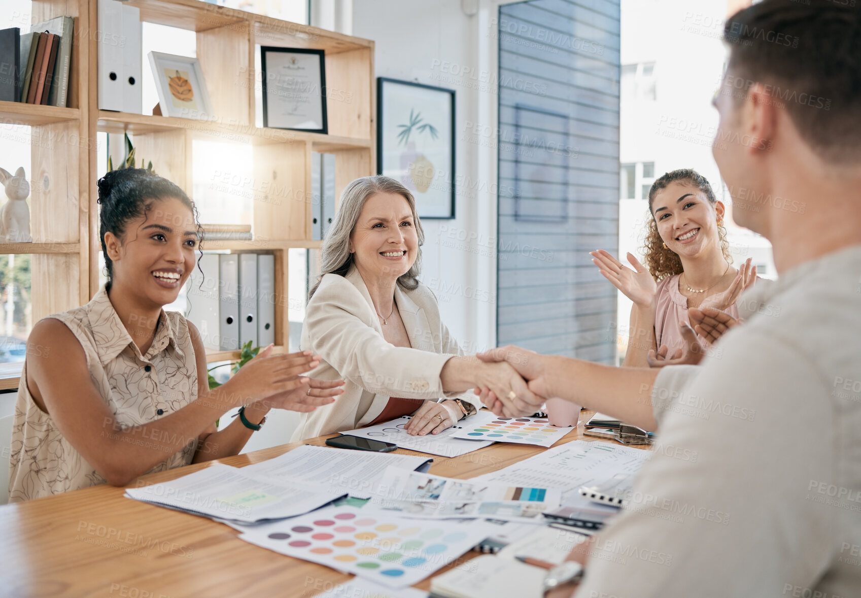 Buy stock photo Partnership handshake, applause and business people in office. Welcome, shaking hands and group of men and women clapping to celebrate success, contract or deal, agreement or recruitment and hiring.