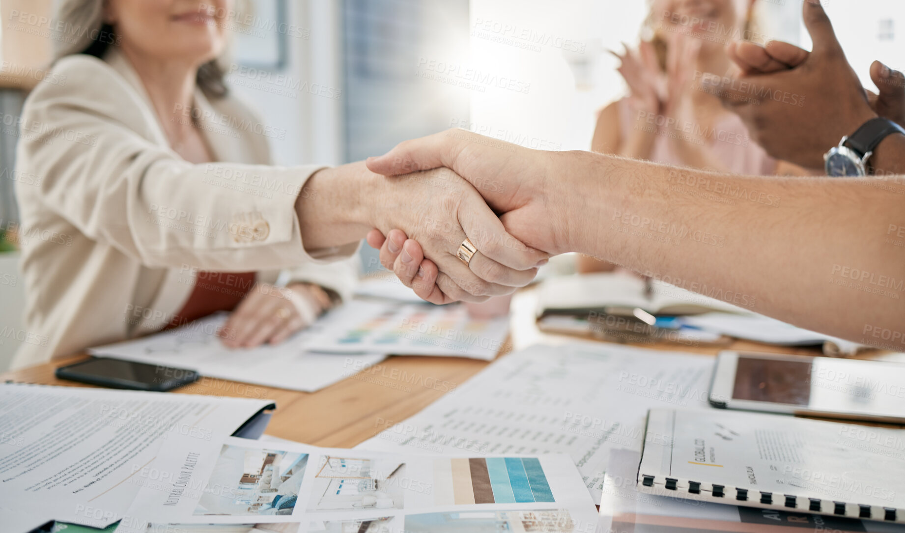 Buy stock photo Meeting, handshake and welcome with a business woman in the office for a deal or agreement. Teamwork, collaboration and thank you with a senior female employee shaking hands with a colleague