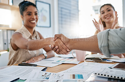 Buy stock photo Meeting, handshake and collaboration with a business black woman in the office for a deal or agreement. Teamwork, collaboration and thank you with a female employee shaking hands with a colleague