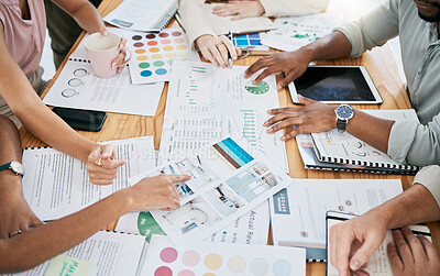 Buy stock photo Hands, financial and documents with a business team planning in collaboration for growth in an office. Accounting, data and teamwork with a man and woman employee group working on a finance budget