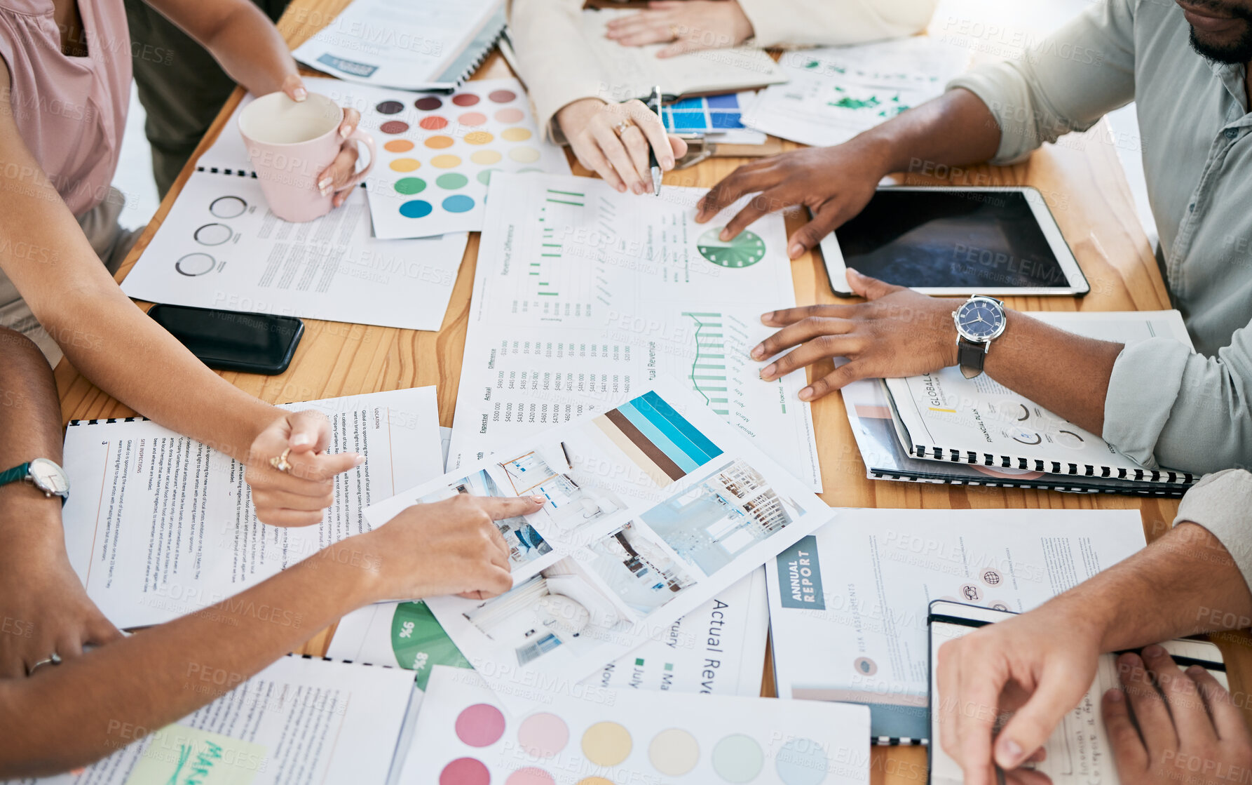 Buy stock photo Hands, financial and documents with a business team planning in collaboration for growth in an office. Accounting, data and teamwork with a man and woman employee group working on a finance budget