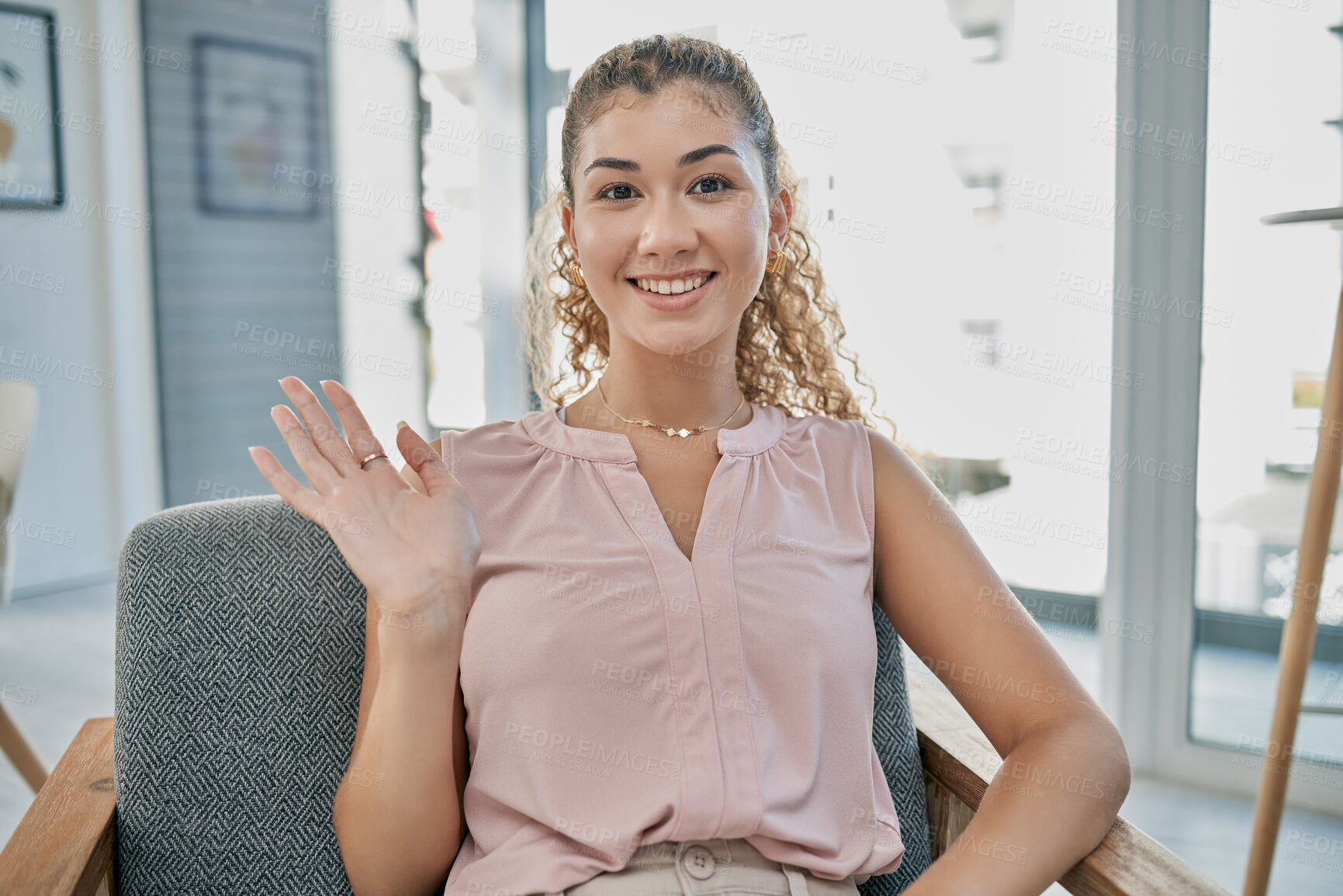 Buy stock photo Video call, portrait and business woman wave in office, conference or meeting. Greeting, hello and happy young female employee from Canada waving in webinar, workshop or online chat in workplace.