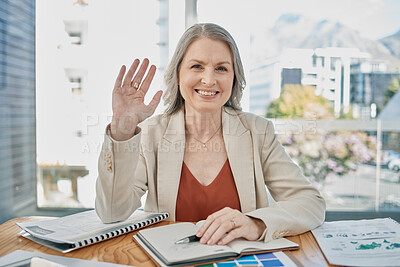 Buy stock photo Video call, senior and business woman wave in office, conference or meeting. Greeting, hello and portrait of elderly female worker from Canada waving in webinar, workshop or online chat in workplace.
