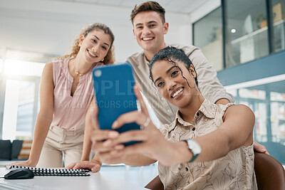 Buy stock photo Phone, selfie and friends with a business team taking a photograph for social media together in an office. Teamwork, collaboration or internet with a man and woman employee group posing for a picture