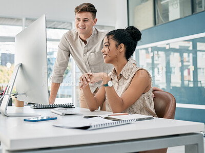 Buy stock photo Computer, discussion and team working on a project together for collaboration in the office. Technology, mentor and professional manager training an employee with corporate report in the workplace.