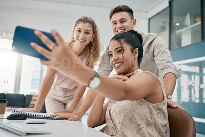 Buy stock photo Mobile, selfie or friends with a business team taking a photograph for social media together in an office. Teamwork, collaboration or internet with a man and woman employee group posing for a picture