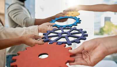 Buy stock photo Business people, toys and gears at job for teamwork, sign or symbol with solution, trust and solidarity. Corporate group, learning or development at team building exercise in city workplace for goals