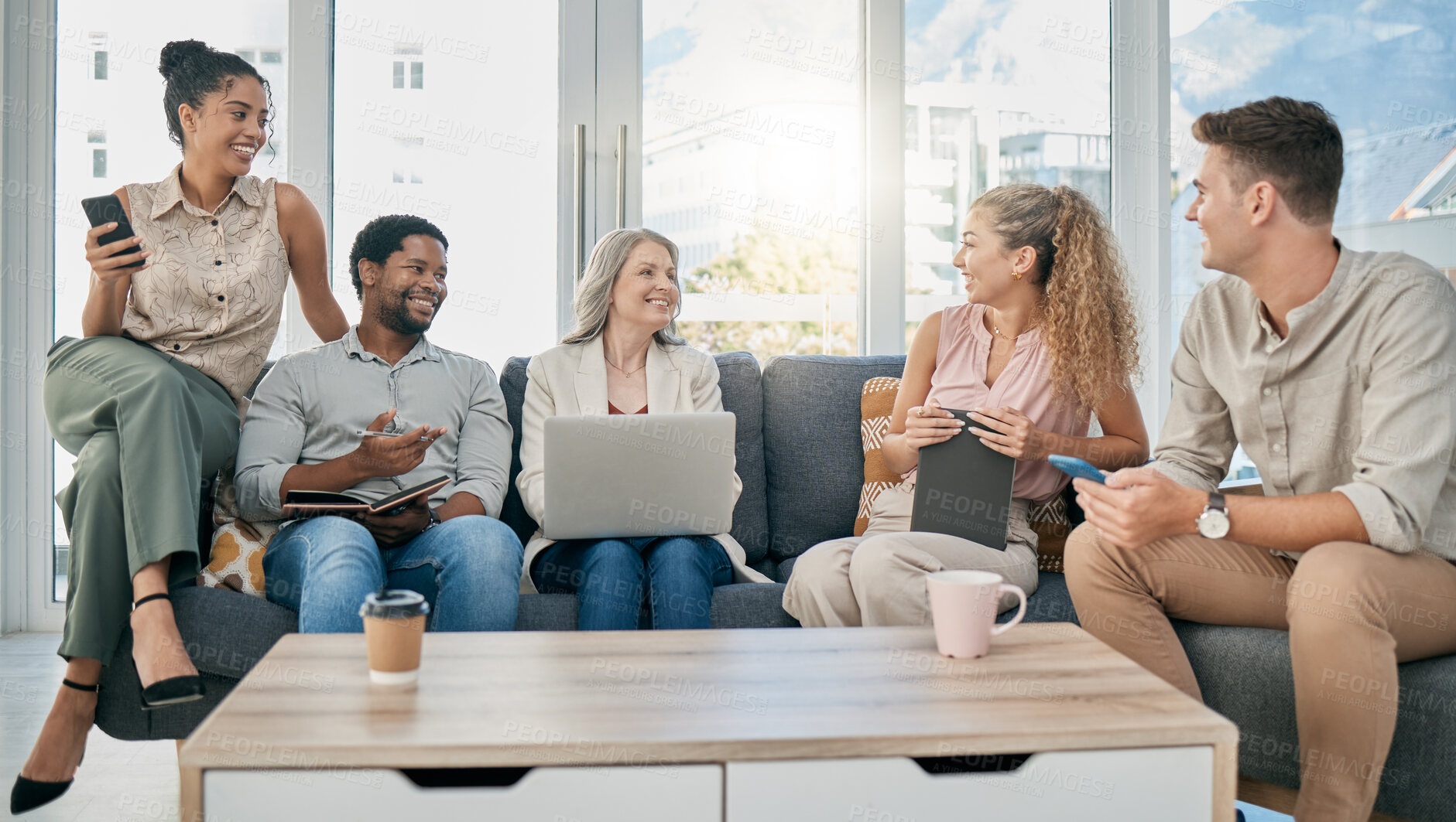 Buy stock photo Team, laptop and creative meeting of sofa in modern office for web design collaboration, strategy innovation and designers talking. Teamwork, discussion and planning tech development on agency couch