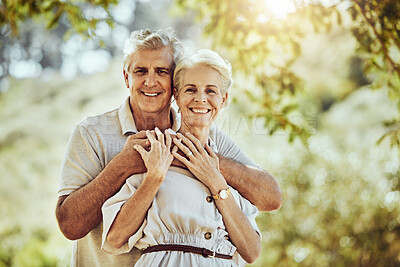 Buy stock photo Elderly, couple with hug in park and love with marriage portrait, retirement travel together with commitment outdoor. Old man, woman and care with trust and support, nature mockup and happiness