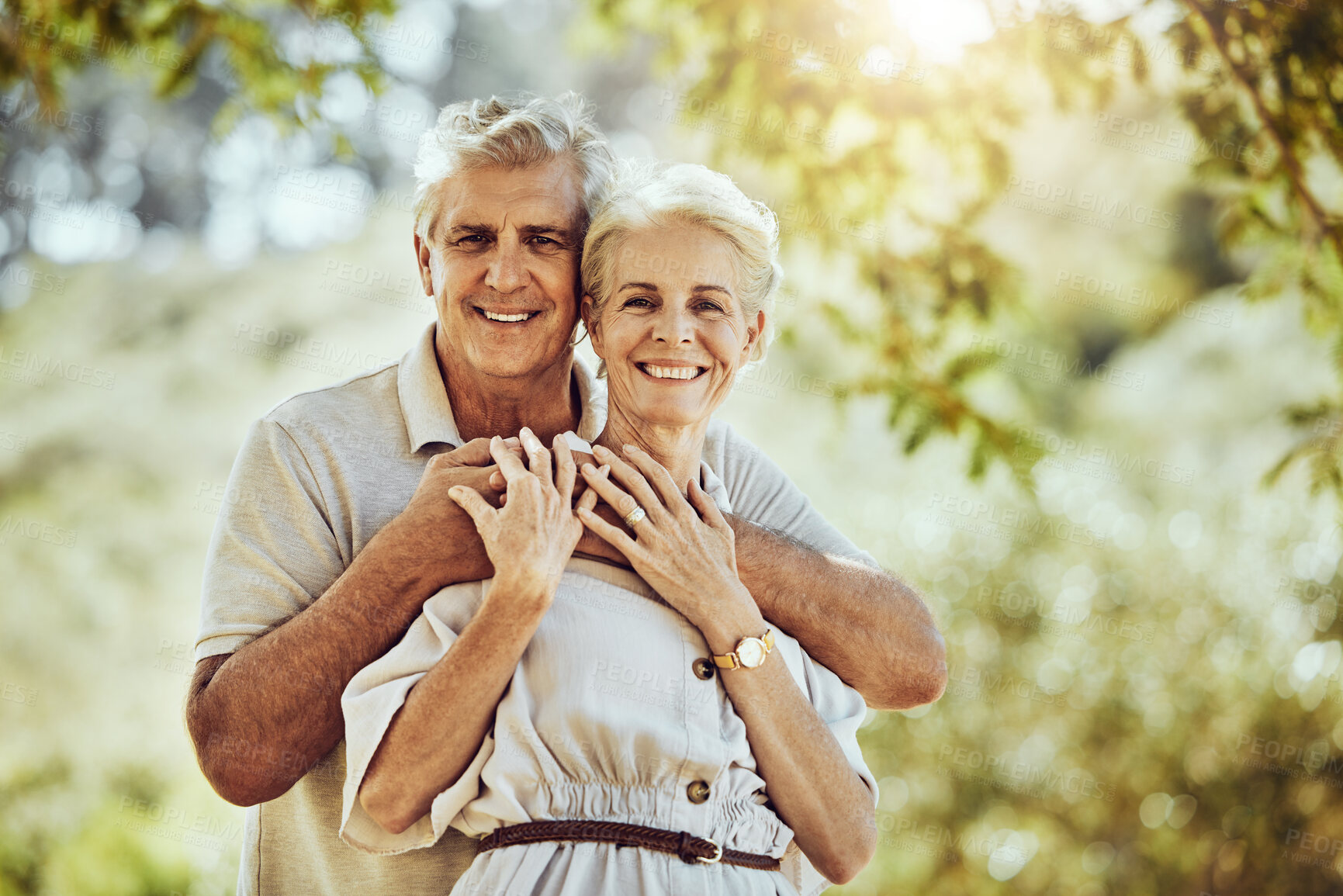 Buy stock photo Elderly, couple with hug in park and love with marriage portrait, retirement travel together with commitment outdoor. Old man, woman and care with trust and support, nature mockup and happiness