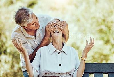 Buy stock photo Retirement, love and surprise with a senior man covering the eyes of his wife from behind in the park. Happy, smile or date with a mature husband and a surprised woman in a garden during summer