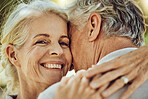 Hug, love and portrait of a senior couple in nature for bonding, quality time and care in France. Affection, happy and face of an elderly woman hugging a man for romance in retirement in a park