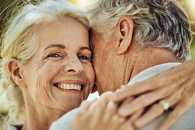 Buy stock photo Hug, love and portrait of a senior couple in nature for bonding, quality time and care in France. Affection, happy and face of an elderly woman hugging a man for romance in retirement in a park