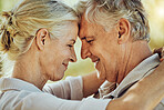 Senior couple, face and forehead touch with love, care or commitment in retirement. Happy man, elderly woman and pensioner hug of romance, smile or happiness together in marriage relationship at park